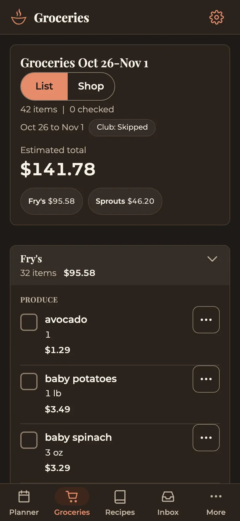 Hearth grocery list on a phone, split by store, with an estimated total