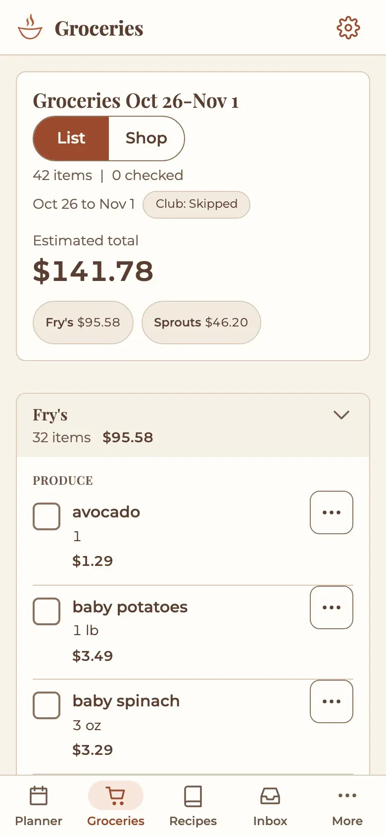 Hearth grocery list on a phone, split by store, with an estimated total