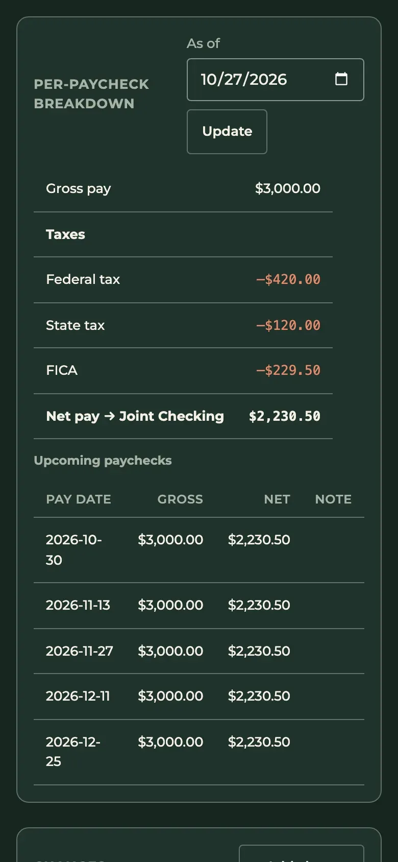Our Plan income page on a phone with a per-paycheck breakdown of gross, taxes and net, demo data
