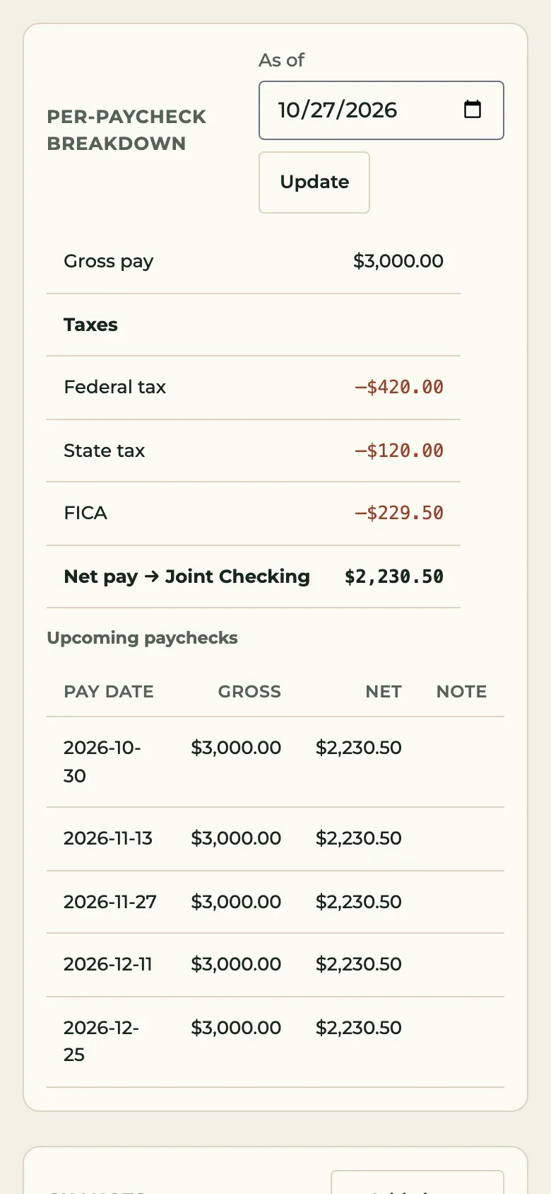 Our Plan income page on a phone with a per-paycheck breakdown of gross, taxes and net, demo data