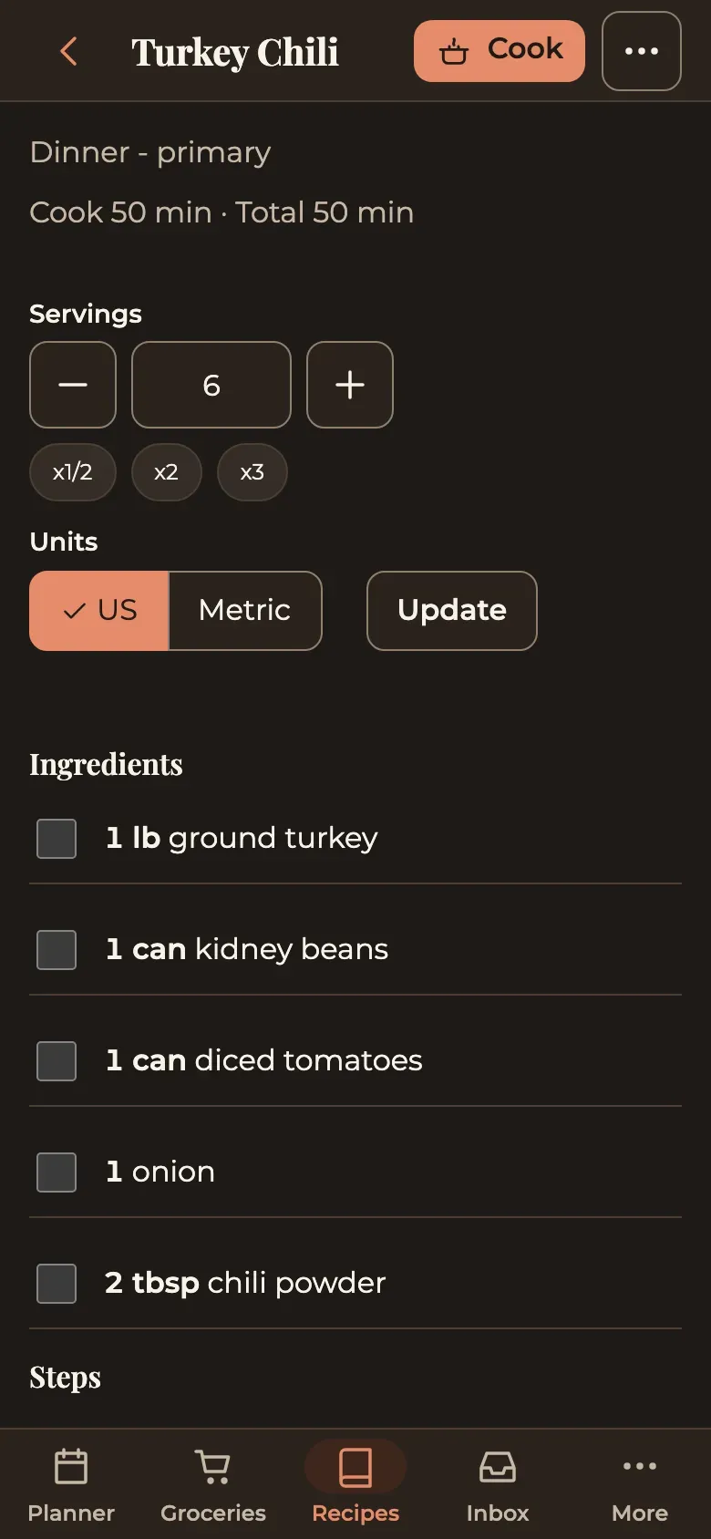 Hearth recipe page on a phone for Turkey Chili, with serving scaling controls