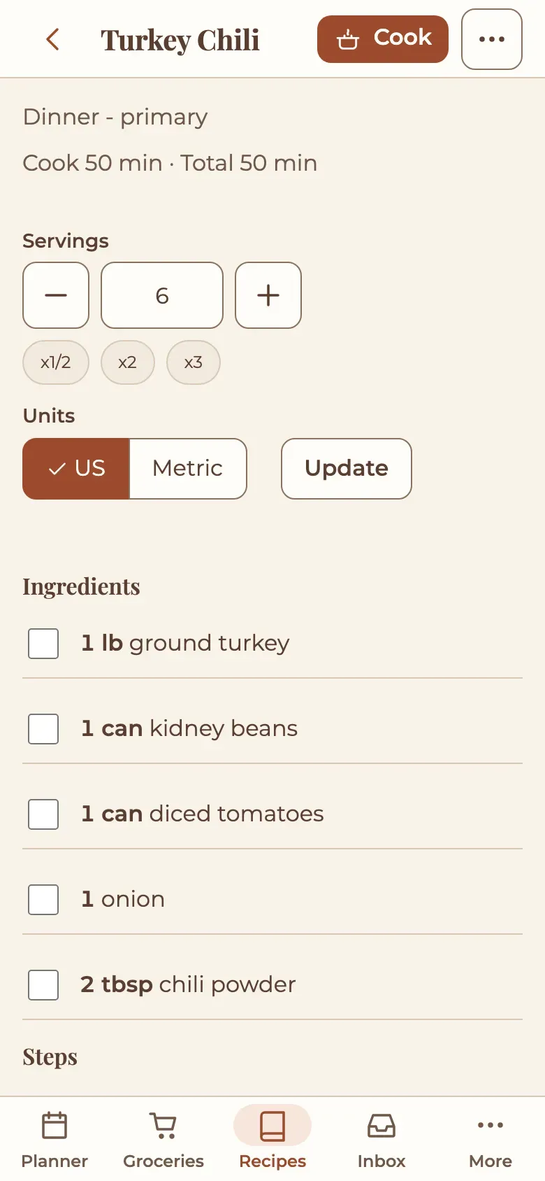 Hearth recipe page on a phone for Turkey Chili, with serving scaling controls