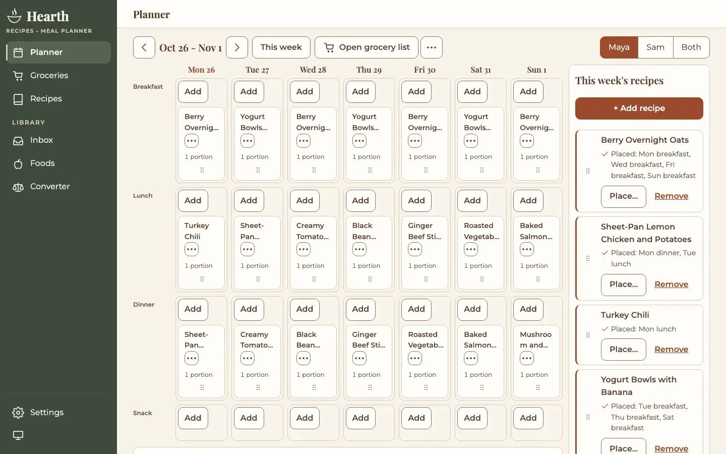 Hearth weekly planner on desktop with every dinner of the week planned